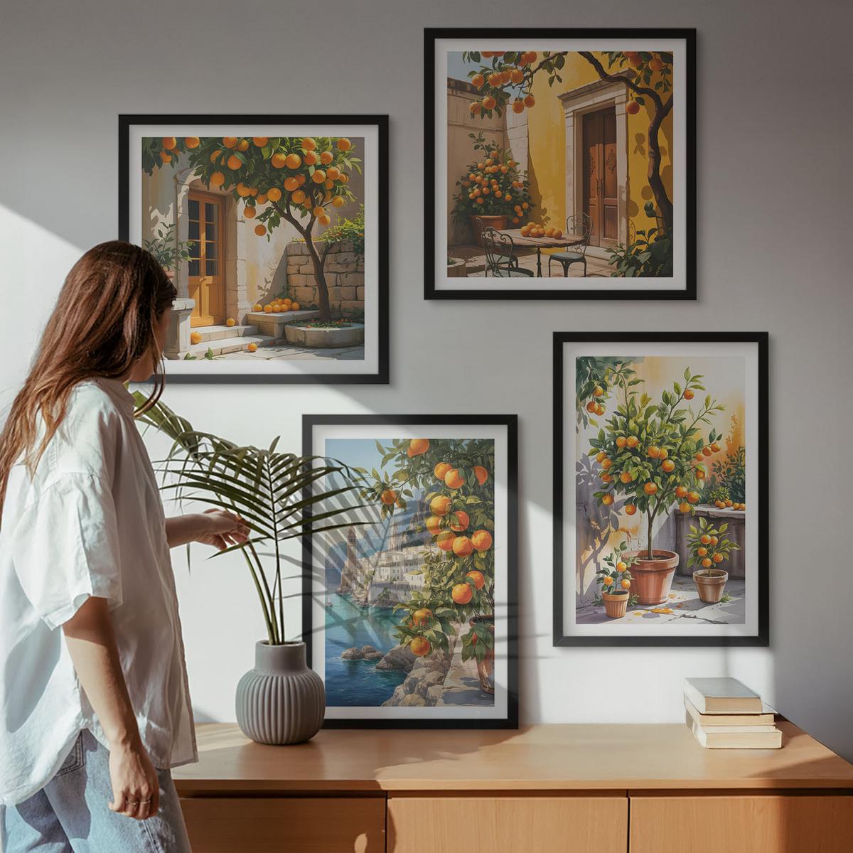 BILDER SET 4er Set - 50x50 cm & 40x60 cm Schwarzer Rahmen - Gemalte Zitruslandschaften - Schwarz, Kunststoff (50/50cm) - TULUP