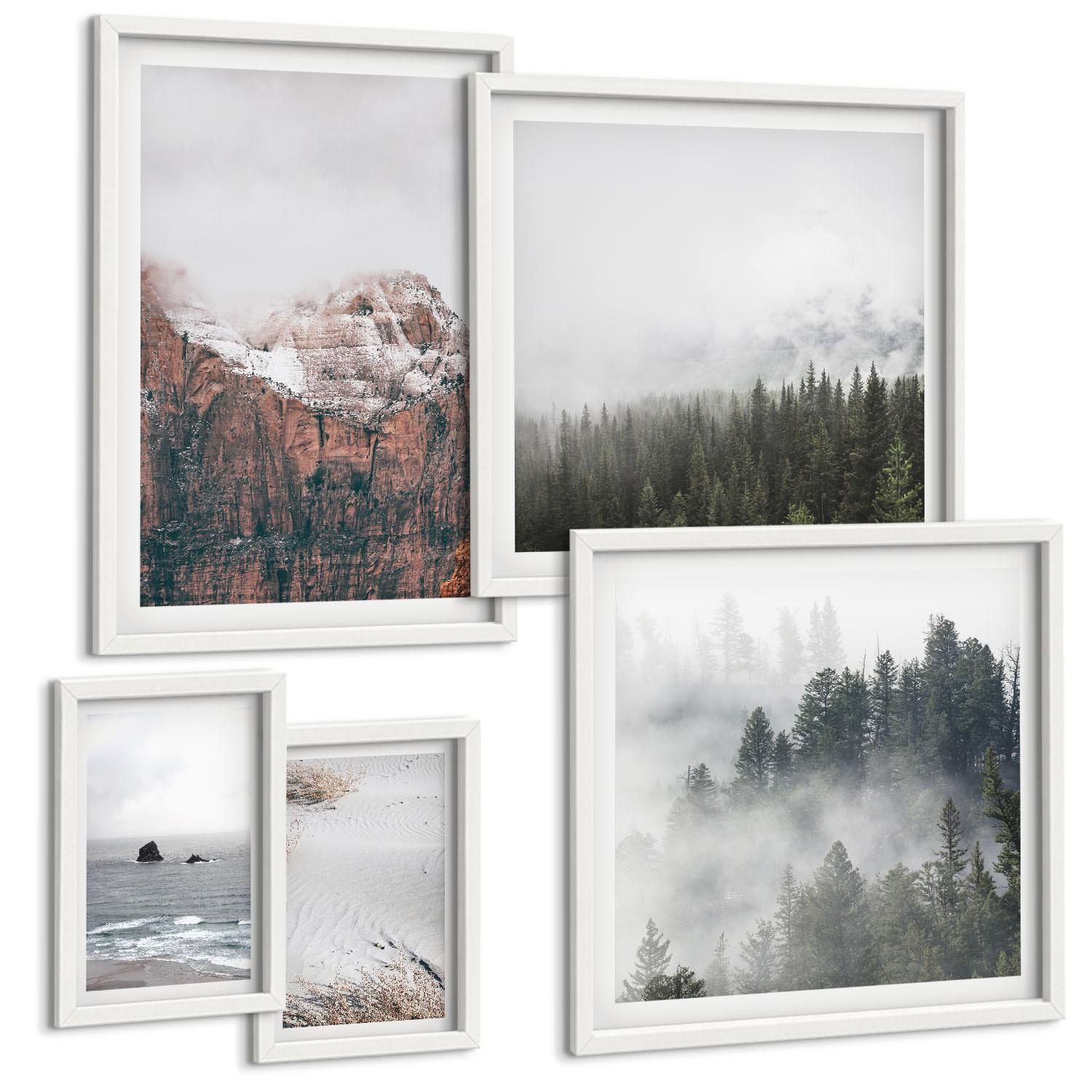 BILDER SET 5er Set - 50x50 cm & 20x30 cm & 40x60 cm Weißer Rahmen - Abstrakte Wellen, graue Pastellfarben - Weiß, Kunststoff (40/60cm) - TULUP