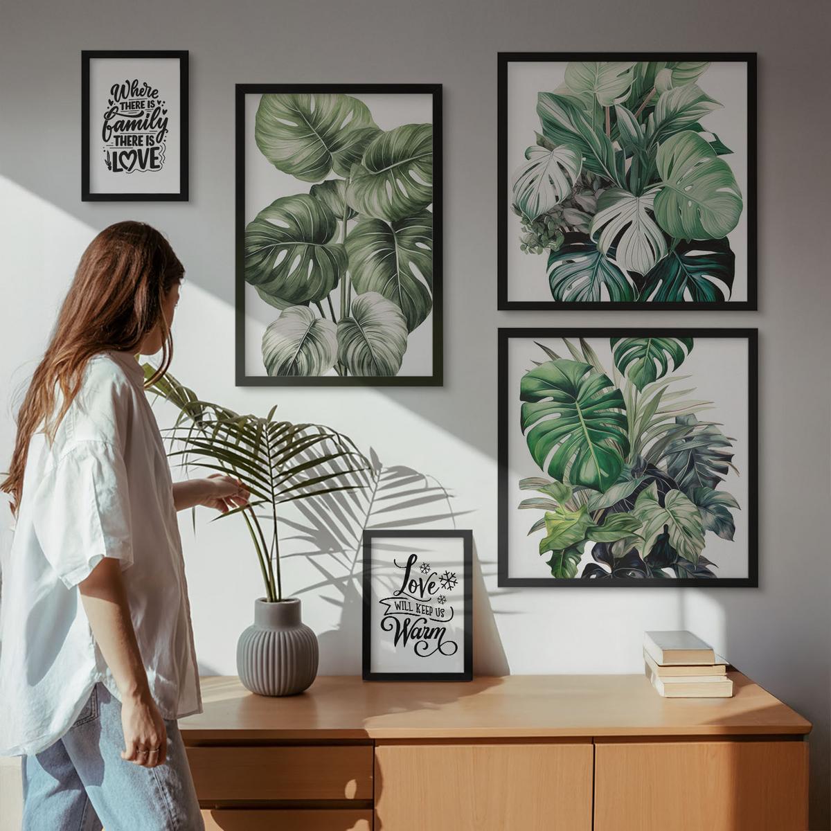 BILDER SET 5er Set - 50x50 cm & 20x30 cm & 40x60 cm Schwarzer Rahmen - Gemalte Abstraktionen der Natur - Schwarz, Kunststoff (40/60cm) - TULUP