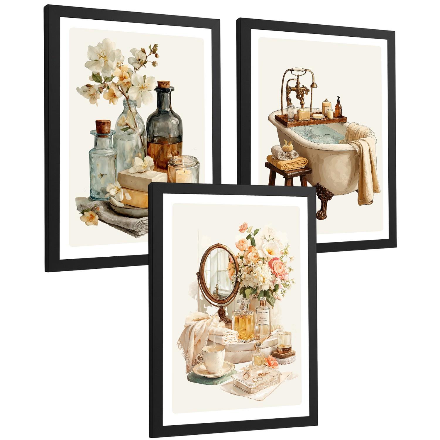 POSTER 3er-Set dekorative Badezimmer-Wandbilder und, Vintage-Stil für Waschbecken, Dusche, WC mit Badewanne, Blumen und Spiegel Schwarzer Rahmen A4 - Schwarz, Papier (29.7/21/3cm) - Nacnic