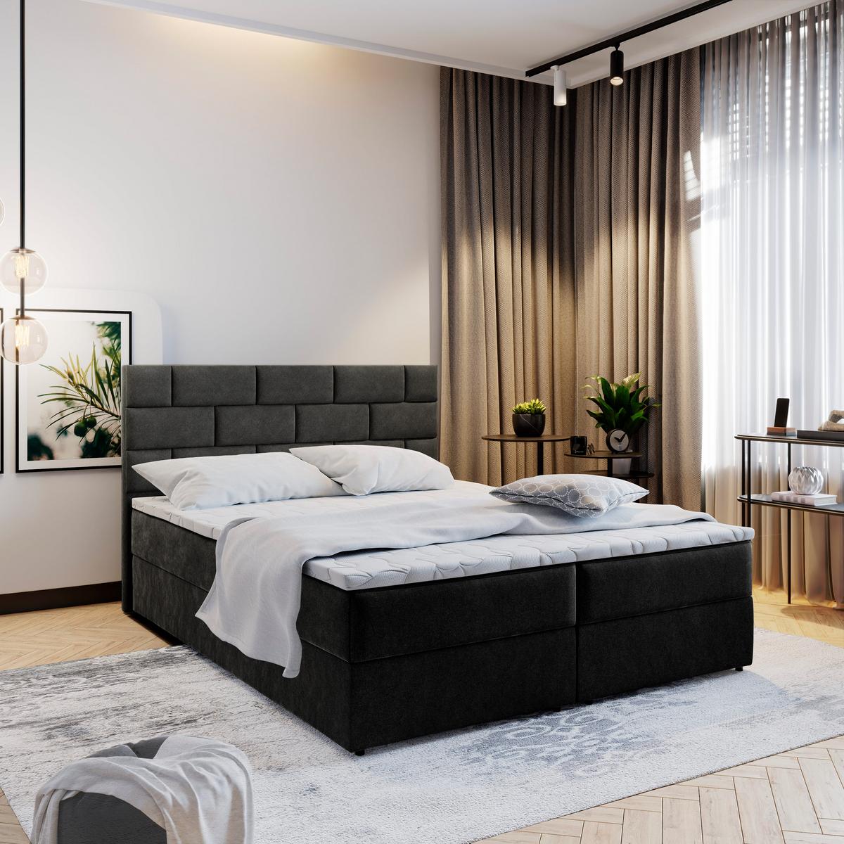 BOXBETT KERLO 160x200 cm mit Matratze und Topper - Schwarz - Schwarz, Holz (160/200cm) - MASSENO