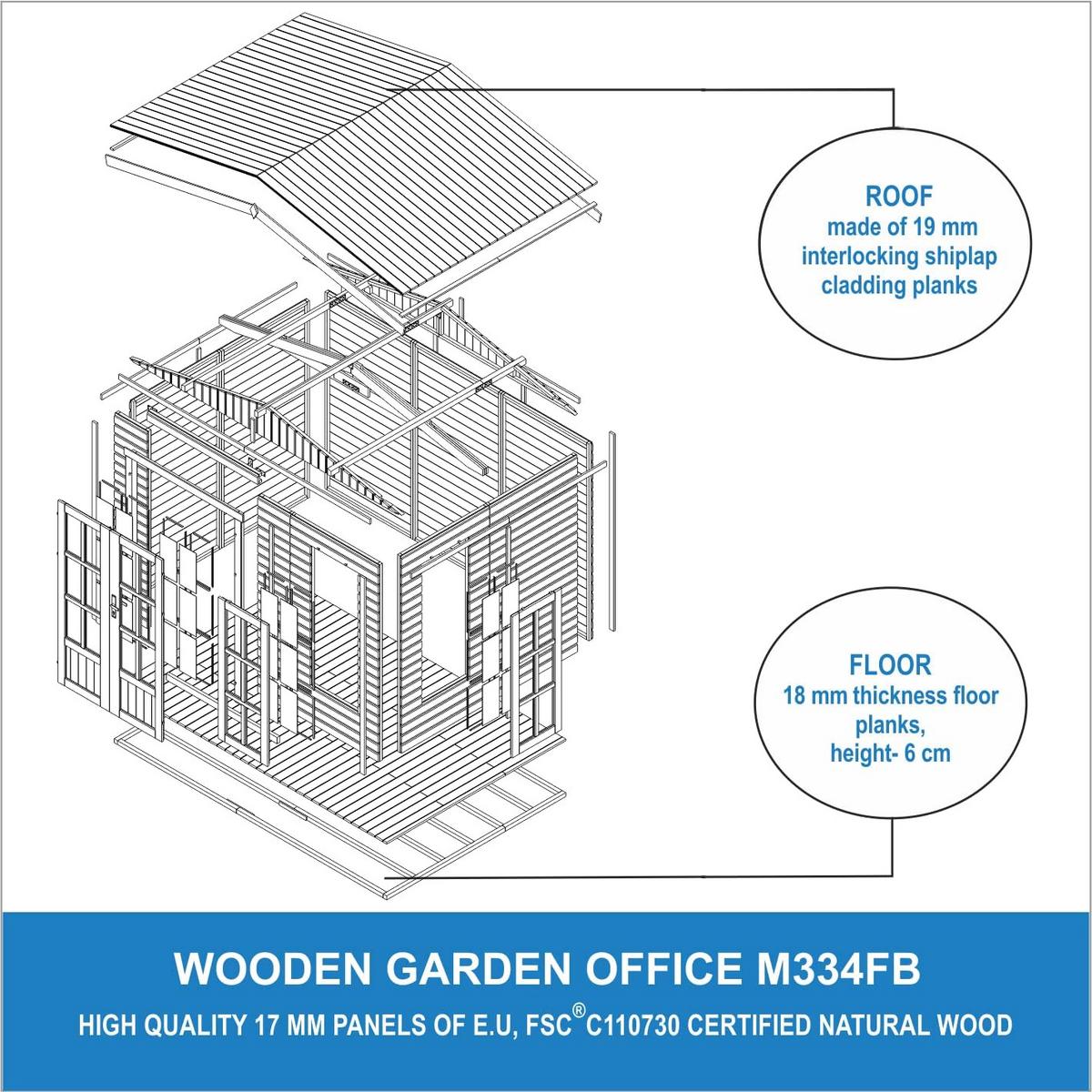 GARTENHAUS HOLZ 6 m2 - H232 x 332 x 222 cm - Gerätehaus Holz Garten-Studio M334FB+H334FBGREY - Beige, Holz (332/232/199cm) - Timbela