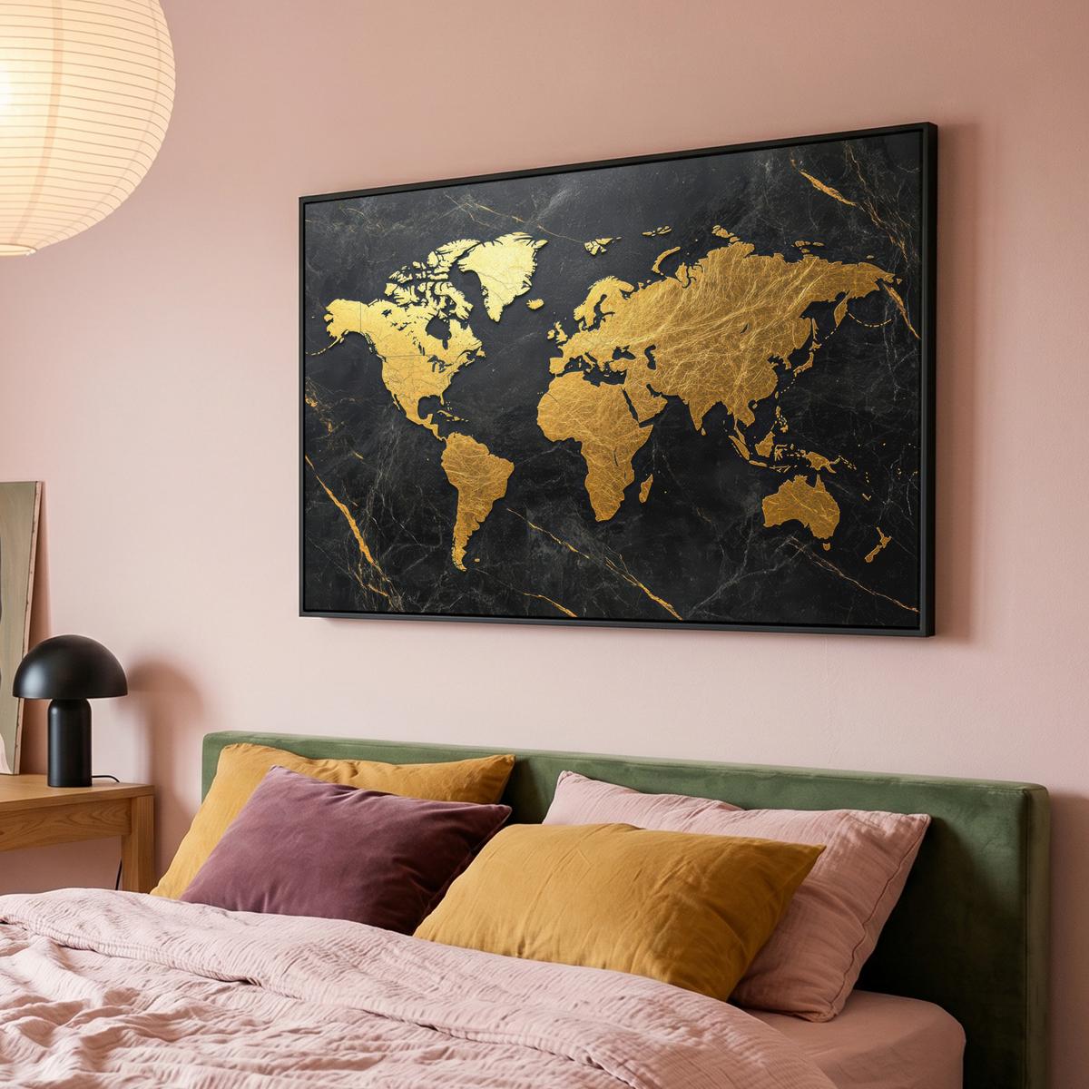 LEINWAND Bilder mit Rahmen - Weltkarte - Gold - Marmor - 140x90 - Goldfarben, Textil (140/90cm) - MuchoWow