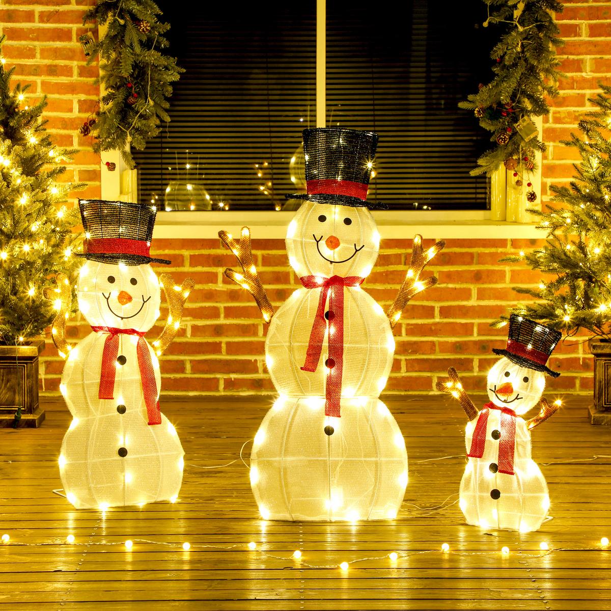 3-TEILIGE weihnachtliche Schneemann-Familie, LED-Lichter, Weiß - Multicolor, Metall (30/91.5/64cm) - Outsunny