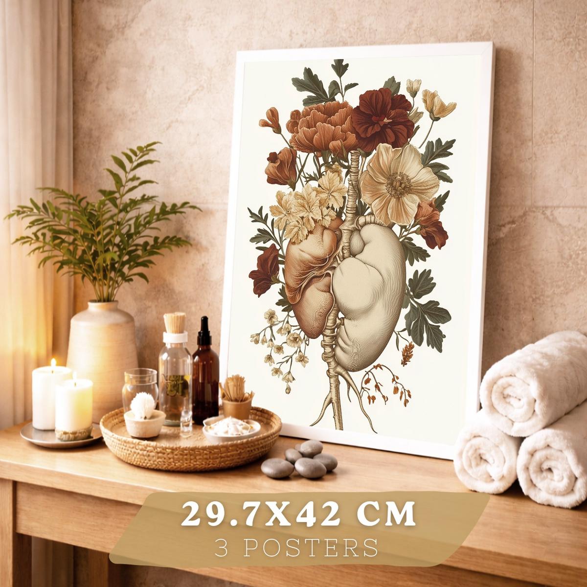POSTER Set aus 3 Anatomie Mensch Florale Vintage Drucke und Wandbilder mit Herz Brustkorb und Becken Wanddekoration Größe Weißer Rahmen A3 - Weiß, Papier (29.7/42/3cm) - Nacnic