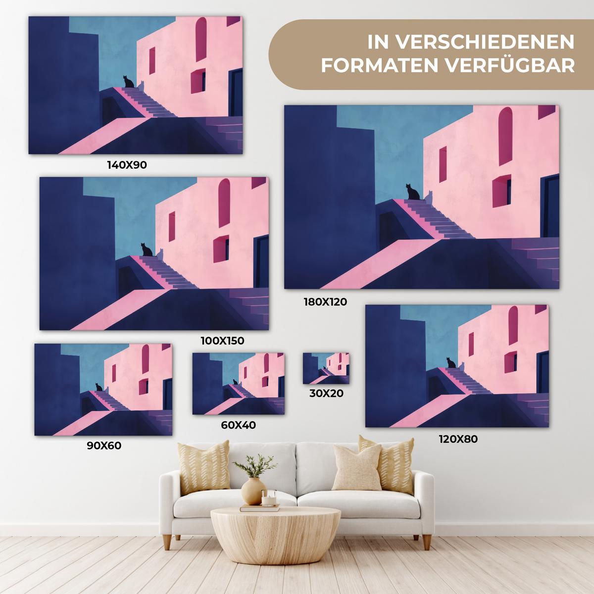 LEINWANDBILD Katze - Treppe - Gebäude - Schattenkontraste Wanddeko 90x60 cm - Dunkelblau, Textil (90/60cm) - MuchoWow