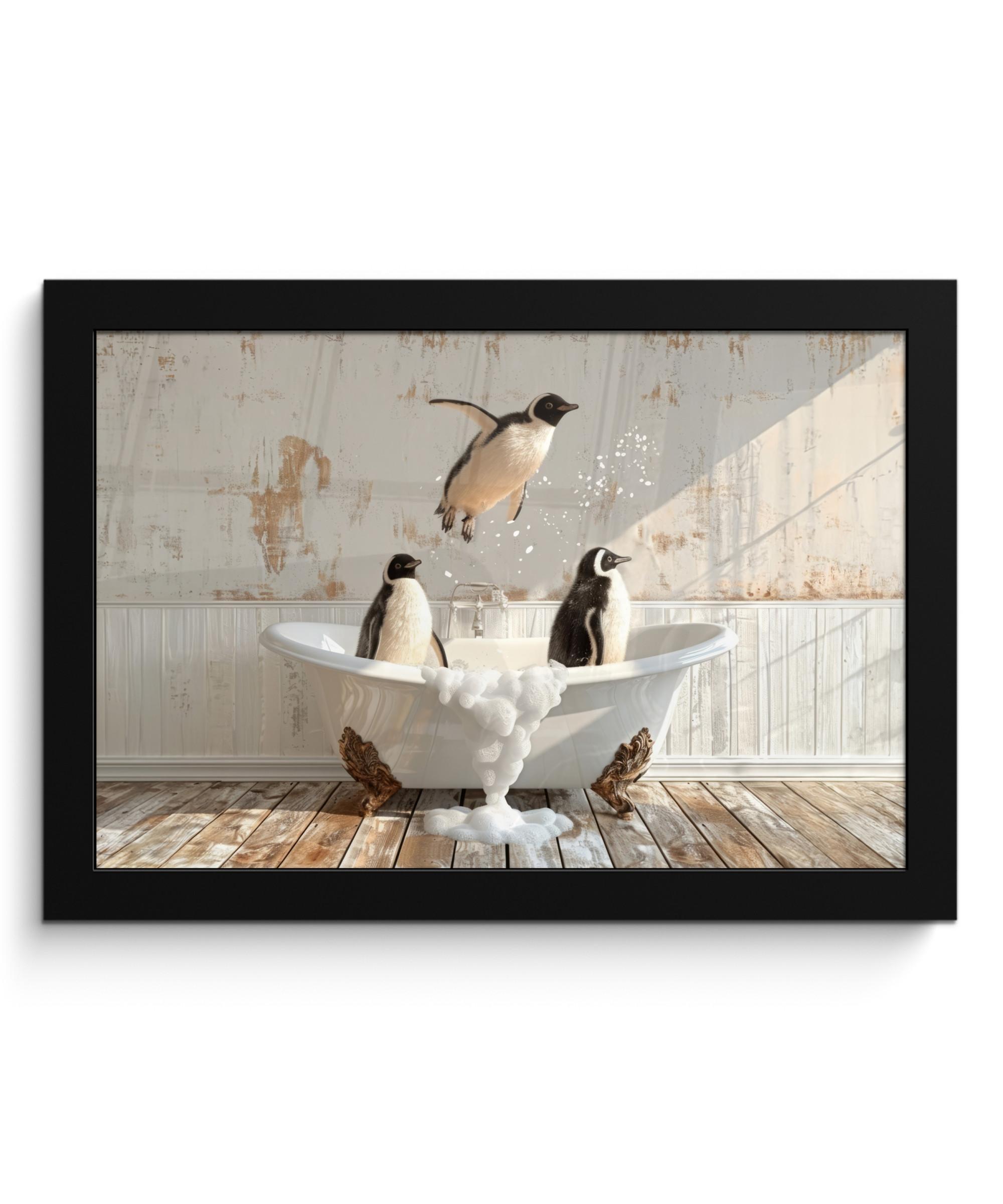 POSTER MIT RAHMEN Vintage - Pinguin - Badewanne - Schaumstoff 30x20 cm - Schwarz, Papier (30/20cm) - MuchoWow