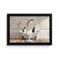 POSTER MIT RAHMENGERAHMTES BILD Vintage - Pinguin - Badewanne - Schaumstoff 30x20 cm - Schwarz, Papier (30/20cm) - MuchoWow