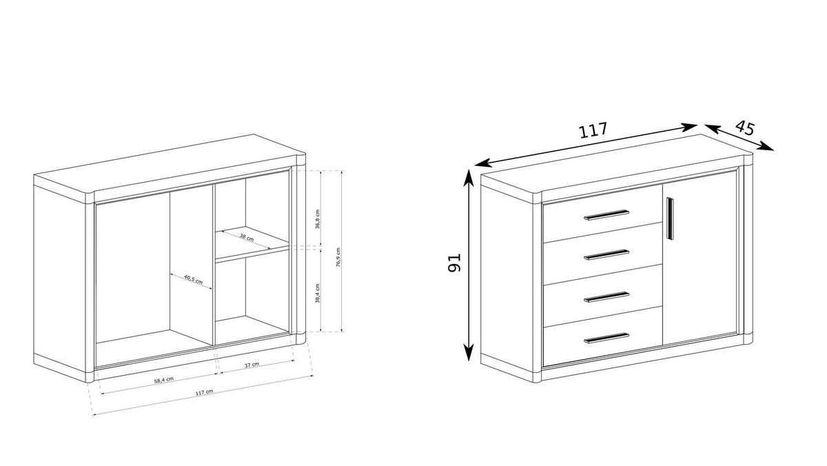 KOMMODE MALAGA 117/91/45cm mit 4 Schubladen 1 Türen Braun - Braun, Holzwerkstoff (117/91/45cm) - MASSENO