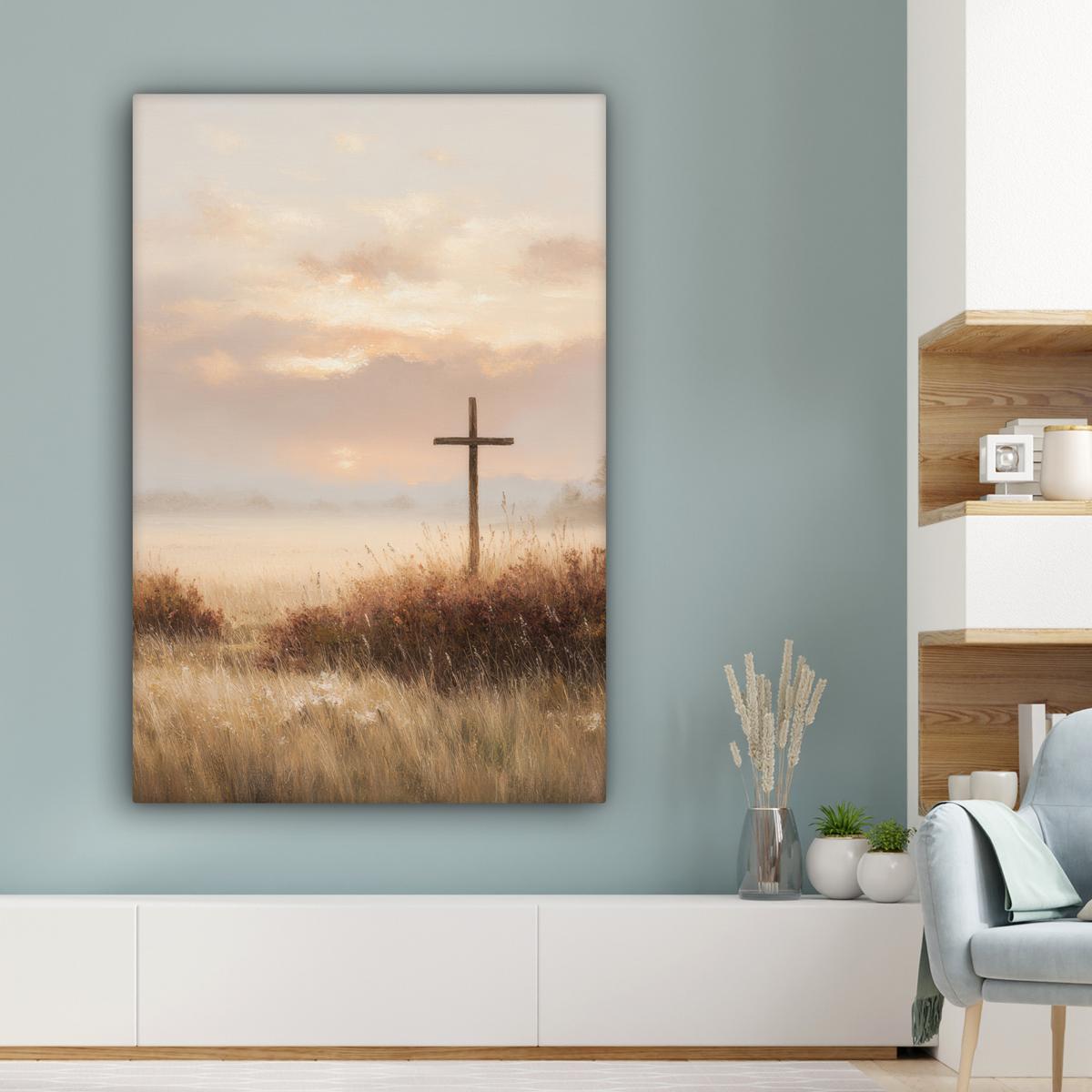 LEINWANDBILD Gras - Morgennebel - Kreuz - Christentum Deko Groß 90x140 cm - Beige, Textil (90/140cm) - MuchoWow