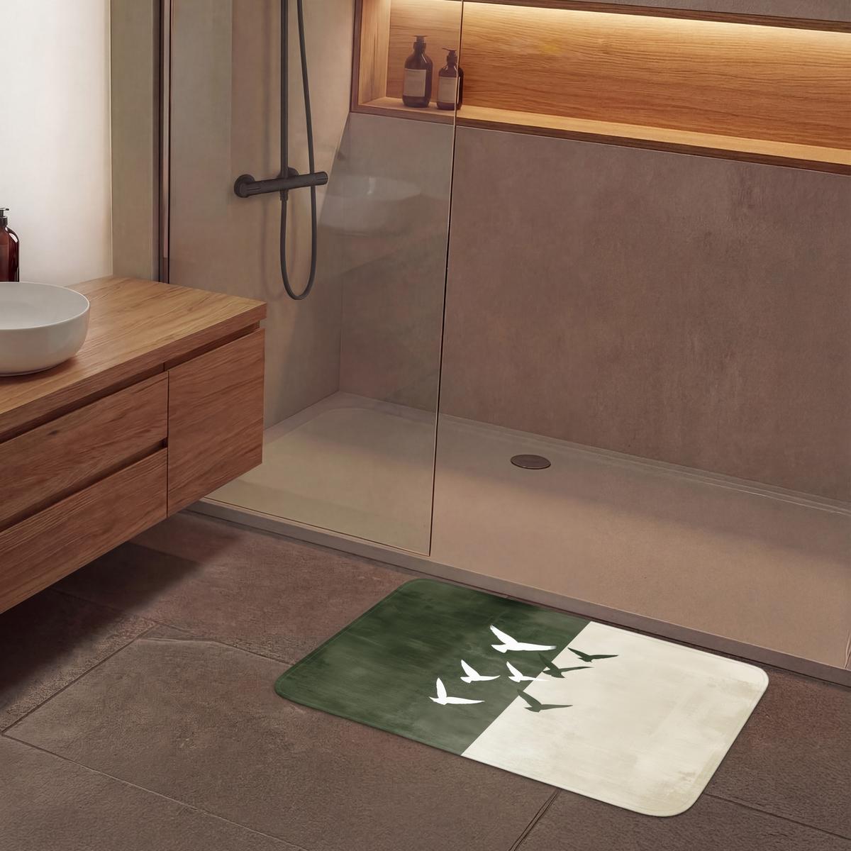 BADEMATTE Japandi - Vogel - Grün 90x60 cm - Olivgrün, Textil (90/60cm) - OnlyWow