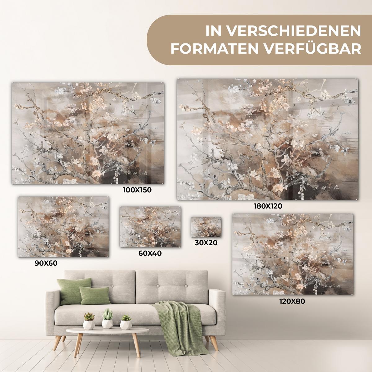 ACRYLGLASBILD Mandelblüte - Kunst - Van Gogh - Beige - Abstrakt Wandbild Schlafzimmer 120x80 cm - Braun, Glas (120/80cm) - MuchoWow