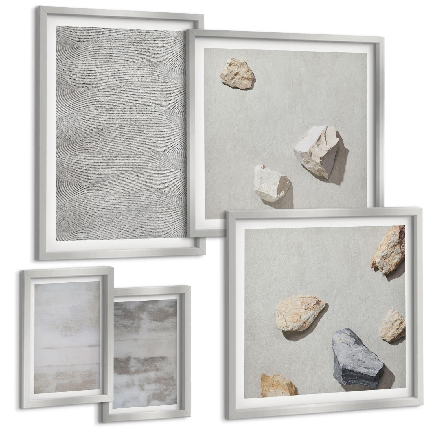 BILDER SET 5er Set - 50x50 cm & 20x30 cm & 40x60 cm Silberner Rahmen - Moderne minimalistische Texturen - Silberfarben, Kunststoff (40/60cm) - TULUP