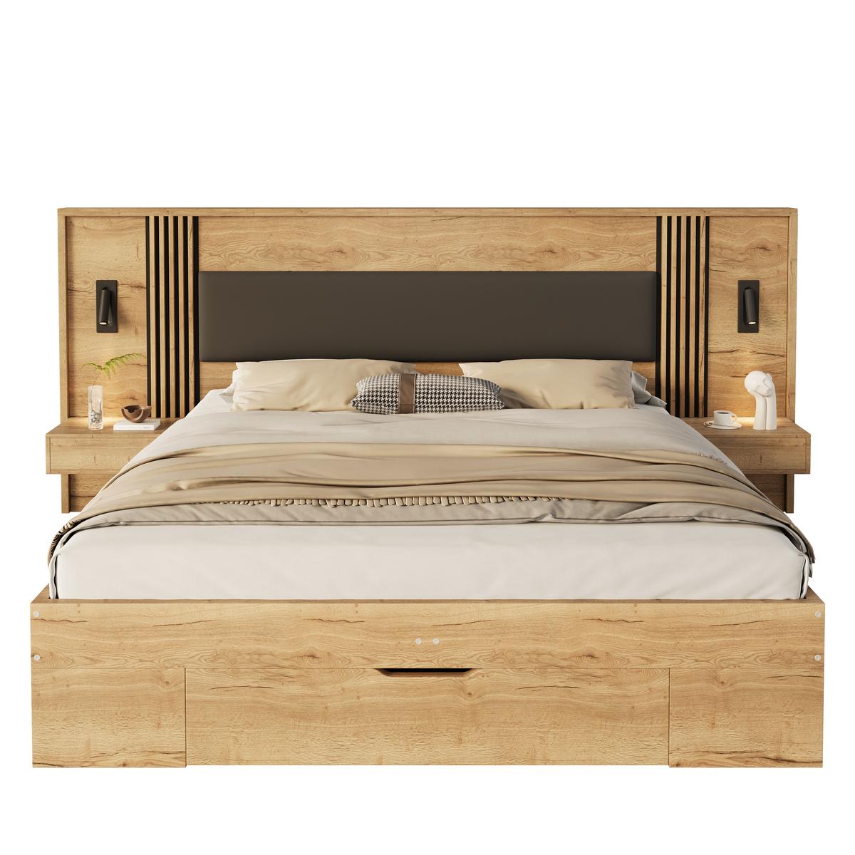 BETT in naturfarbe mit pu-kopfteil, mit stauraum und leselampen - Naturfarben, Holzwerkstoff (180/200cm) - Urban Meuble