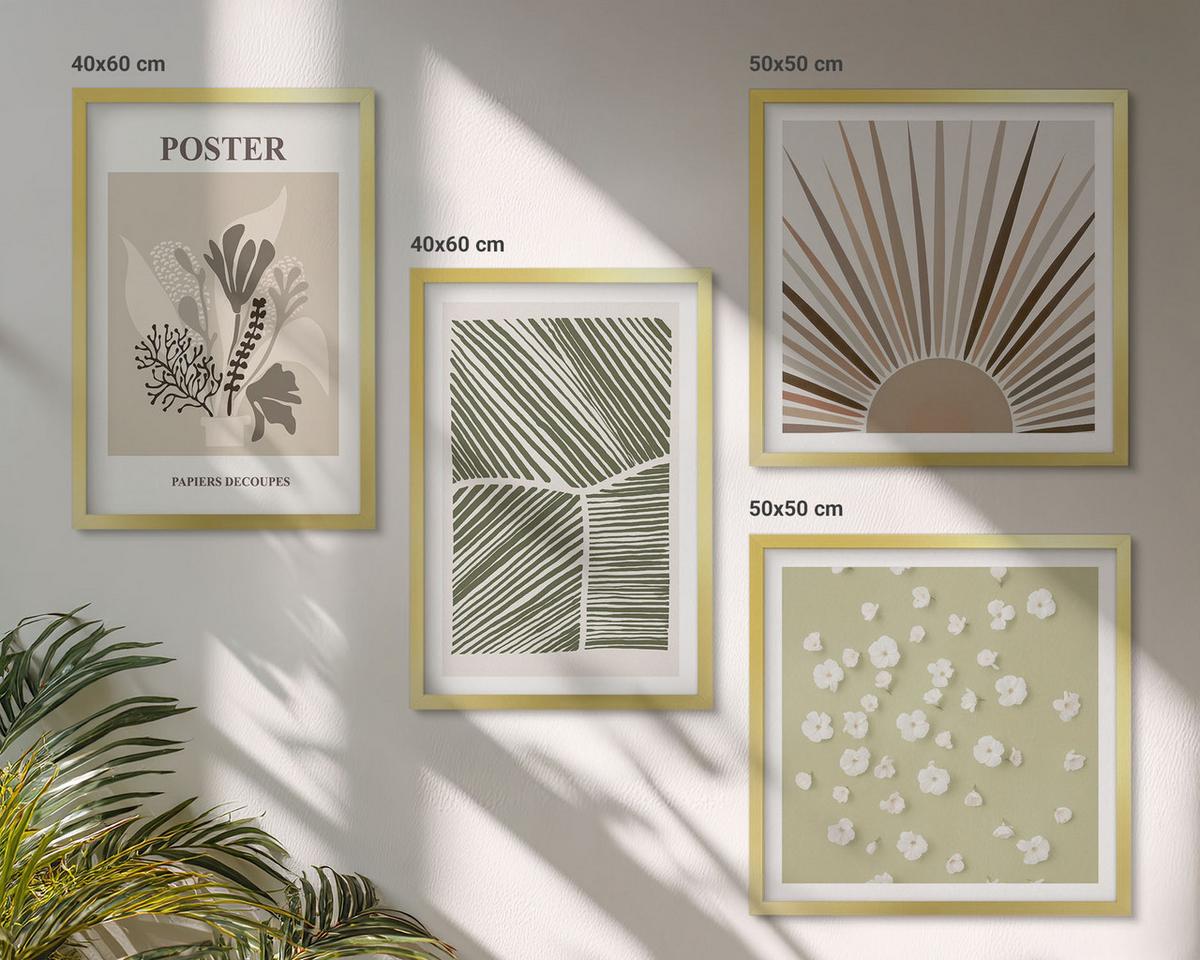BILDER SET 4er Set - 50x50 cm & 40x60 cm Goldrahmen - Pflanzenmotive in gedeckten Farben - Goldfarben, Kunststoff (50/50cm) - TULUP