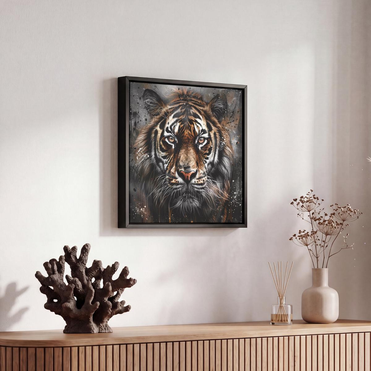 LEINWAND Bilder mit Rahmen - Tiger - Tiere - Porträt - Luxus - Schwarz - 20x20 - Braun, Textil (20/20cm) - MuchoWow