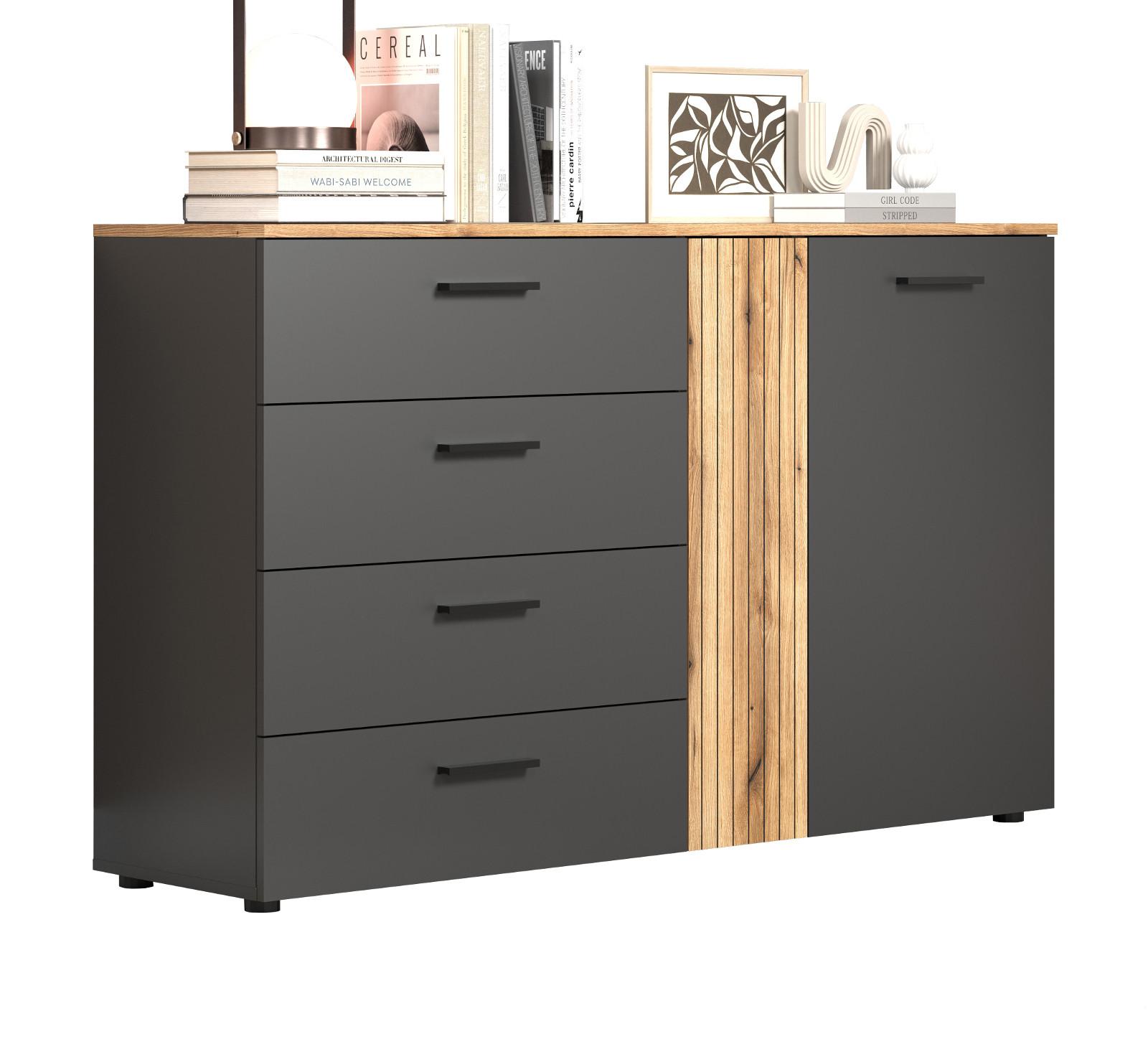 SIDEBOARD grau, Evoke Eiche 139 cm, Kommode mit viel Stauraum - Eichefarben/Anthrazit, Holzwerkstoff/Kunststoff (139/86/38cm) - Top.Furn