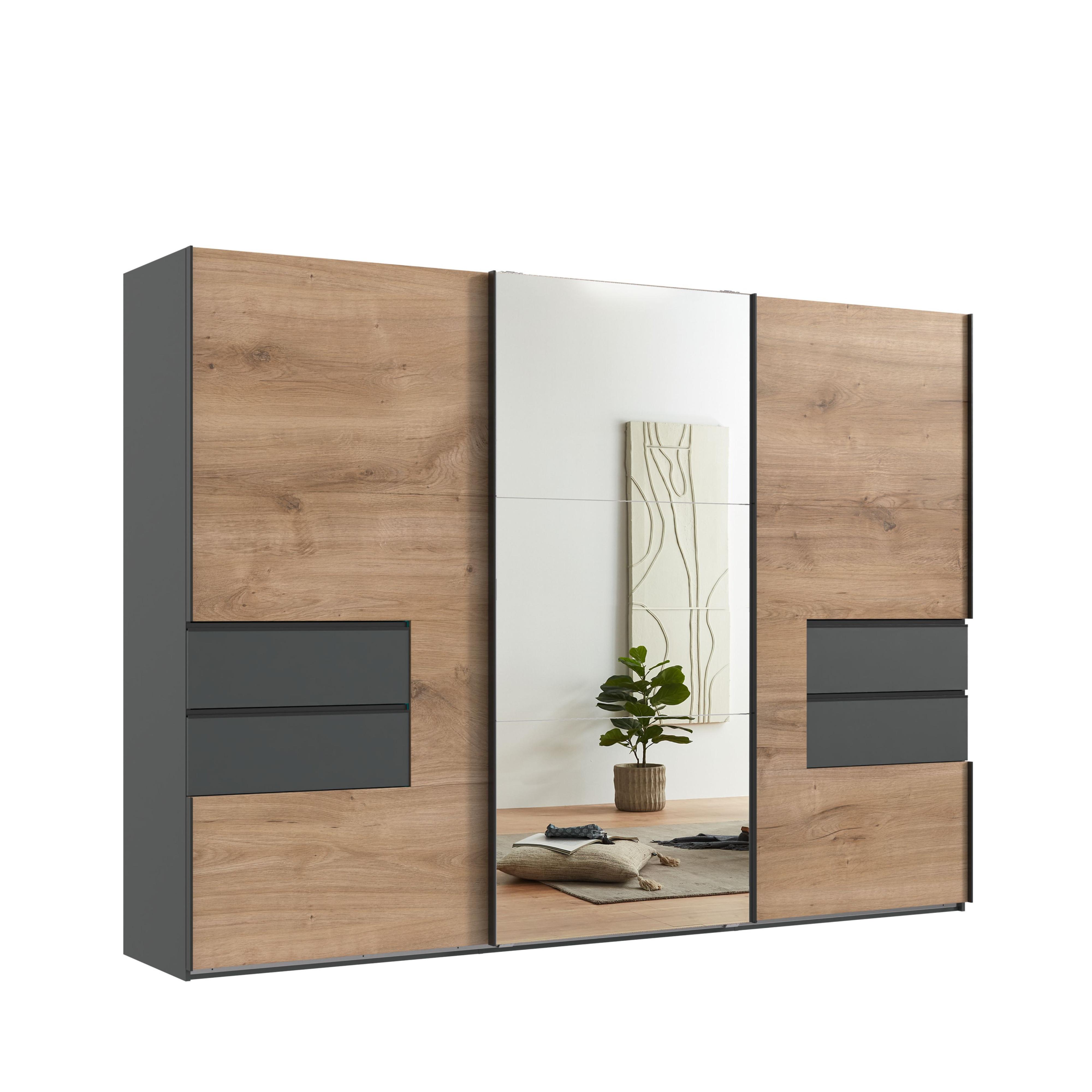 SCHWEBETÜRENSCHRANK 3-türig B300/H216/T65 cm, Korpus & Schubladen Grafit, Türen Eiche Dekor / Spiegel, Kleiderschrank inkl. Vollausstattung / 22055 - Eichefarben/Bordeaux, Holzwerkstoff/Metall (300/216/65cm) - luma-home