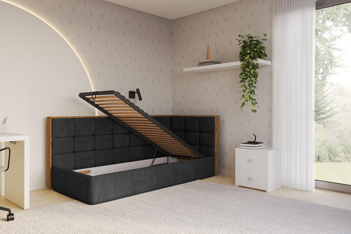 EINZELLBETT Jugendbett mit Bettkasten und Matratze H3/H4, Links - SOVY 80x200 Schwarz - Schwarz, Holzwerkstoff/Textil (80/200cm) - ALTDECOR
