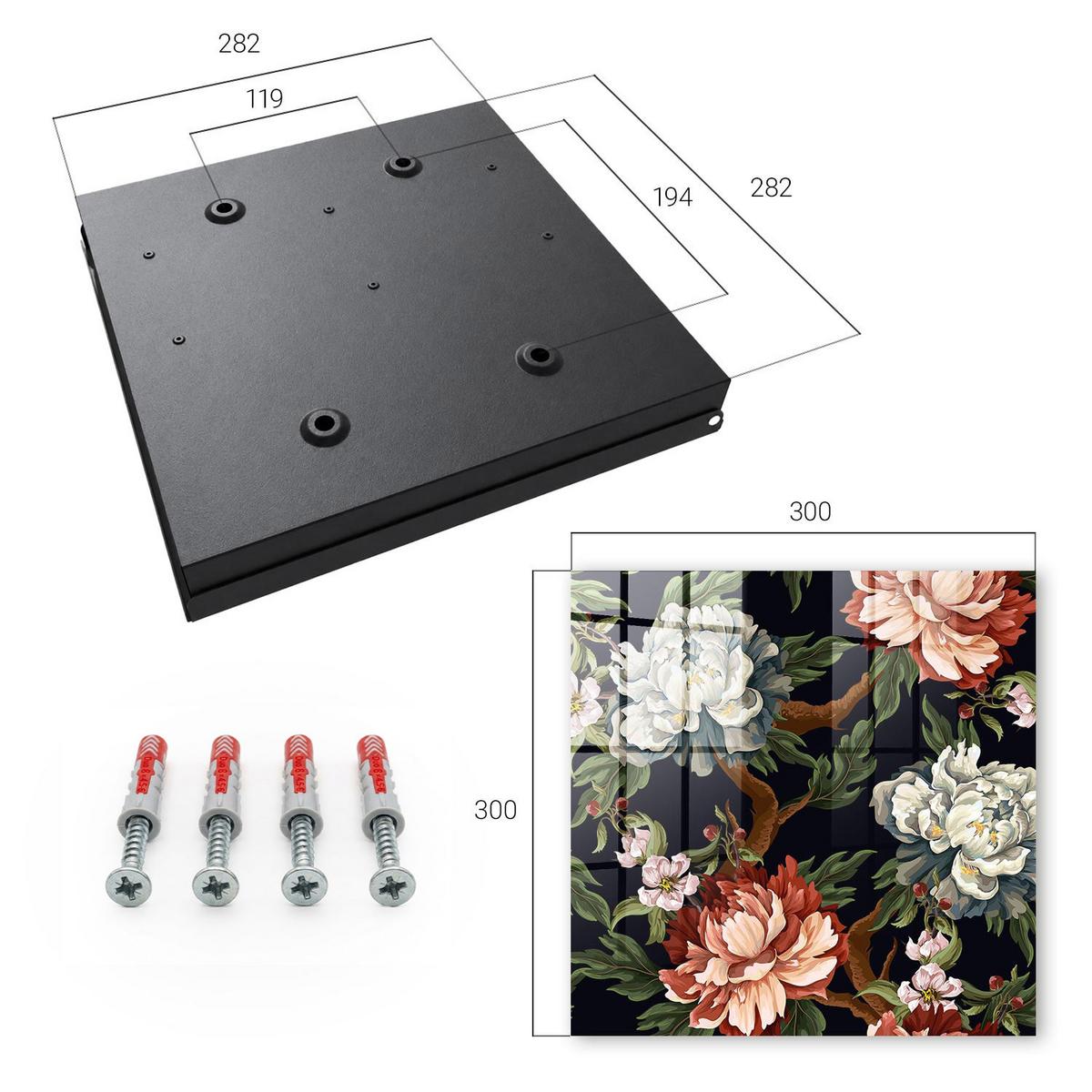 SCHLÜSSELBOX Schwarz 30x30 cm- Türöffnung nach rechts - Blumen der Natur - Grün, Metall (30/30/5cm) - TULUP