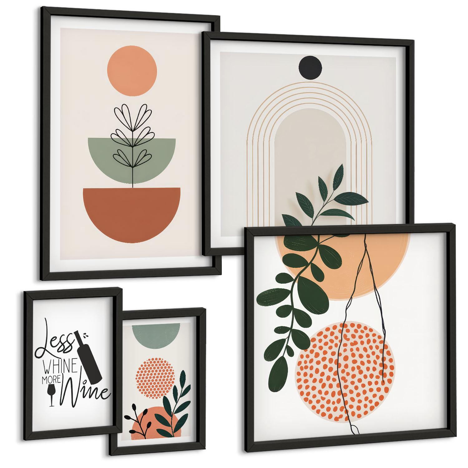 BILDER SET 5er Set - 50x50 cm & 20x30 cm & 40x60 cm Schwarzer Rahmen - Abstrakte Pflanzenformen - Schwarz, Kunststoff (40/60cm) - TULUP