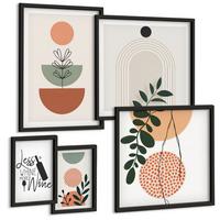 BILDER SET 5er Set - 50x50 cm & 20x30 cm & 40x60 cm Schwarzer Rahmen - Abstrakte Pflanzenformen - Schwarz, Kunststoff (40/60cm) - TULUP