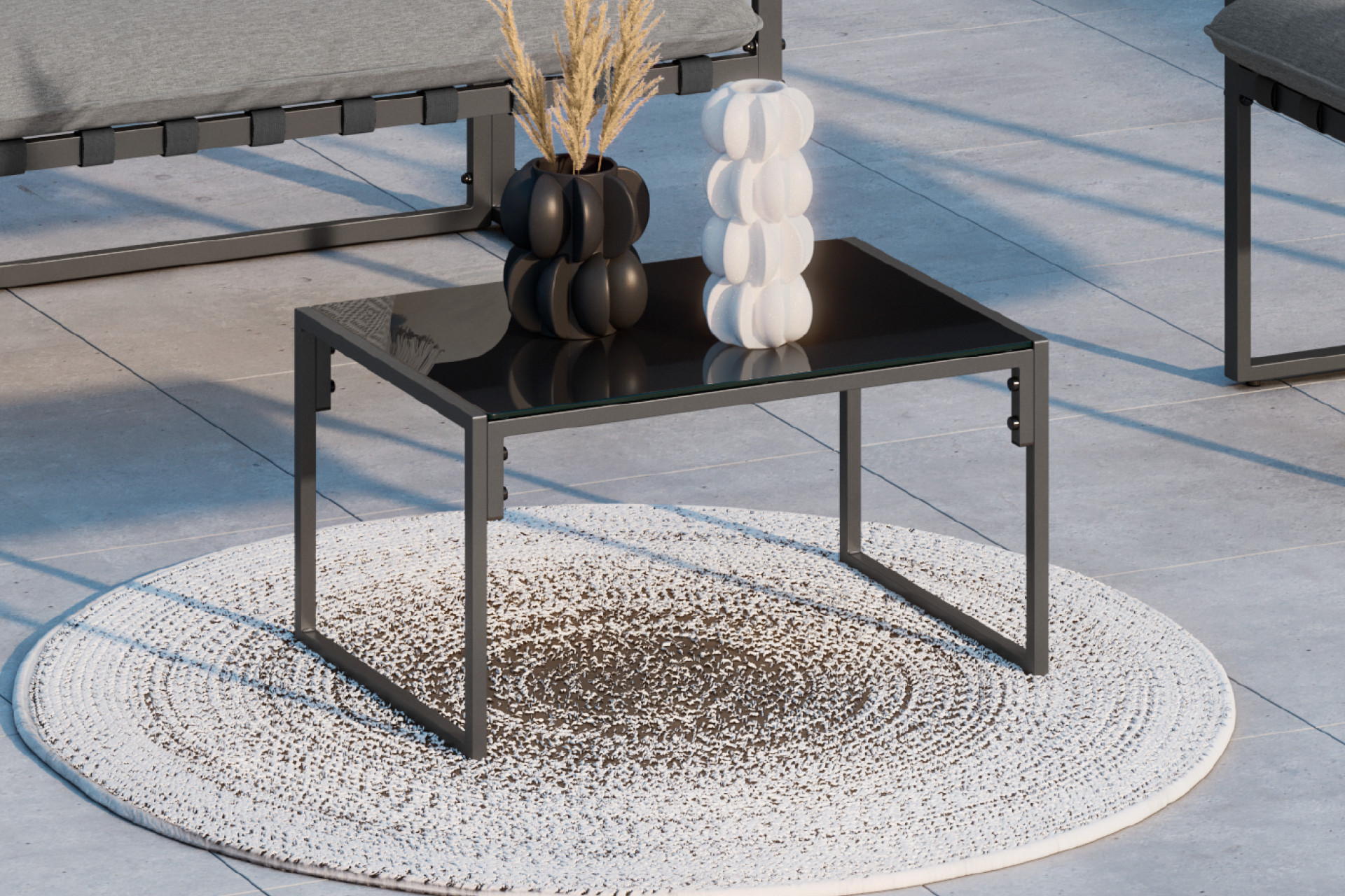 Balkonset Tisch Eisen pulverbeschichtet Dunkelgrau Glasplatte gehärtet Schwarz 