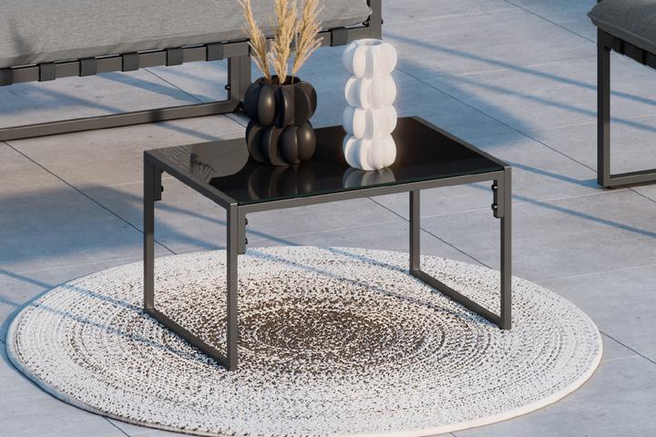 Balkonset Tisch Eisen pulverbeschichtet Dunkelgrau Glasplatte gehärtet Schwarz