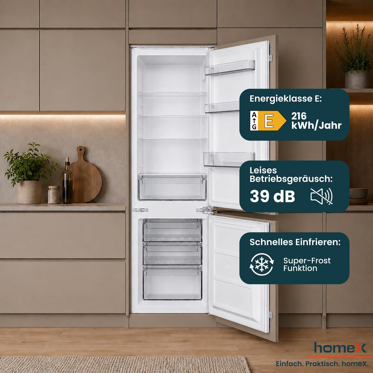KÜHL-GEFRIER-KOMBINATION Einbau, 178cm Nische, 249 Liter, Schlepptürtechnik, Einbaukühlschrank mit Gefrierfach, CFB2491E - Weiß, Glas/Kunststoff (54/178/54cm) - homeX