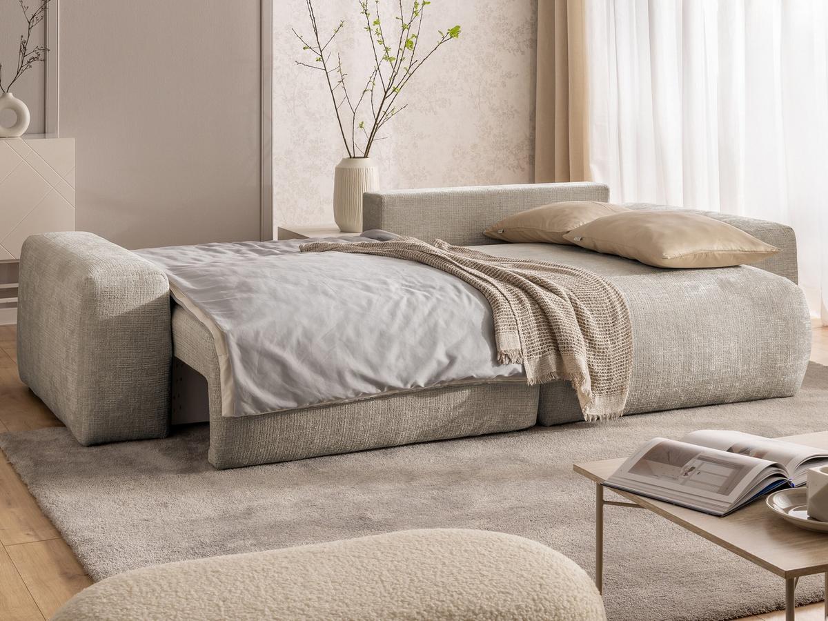 ECKSOFA Puffy mit Schlaffunktion und Bettkasten - besonders weich und puffig aus Dunkelbeige Chenille-Stoff - Ottomane rechts - Beige/Schwarz, Holz/Kunststoff (266/138cm) - S-Style Möbel