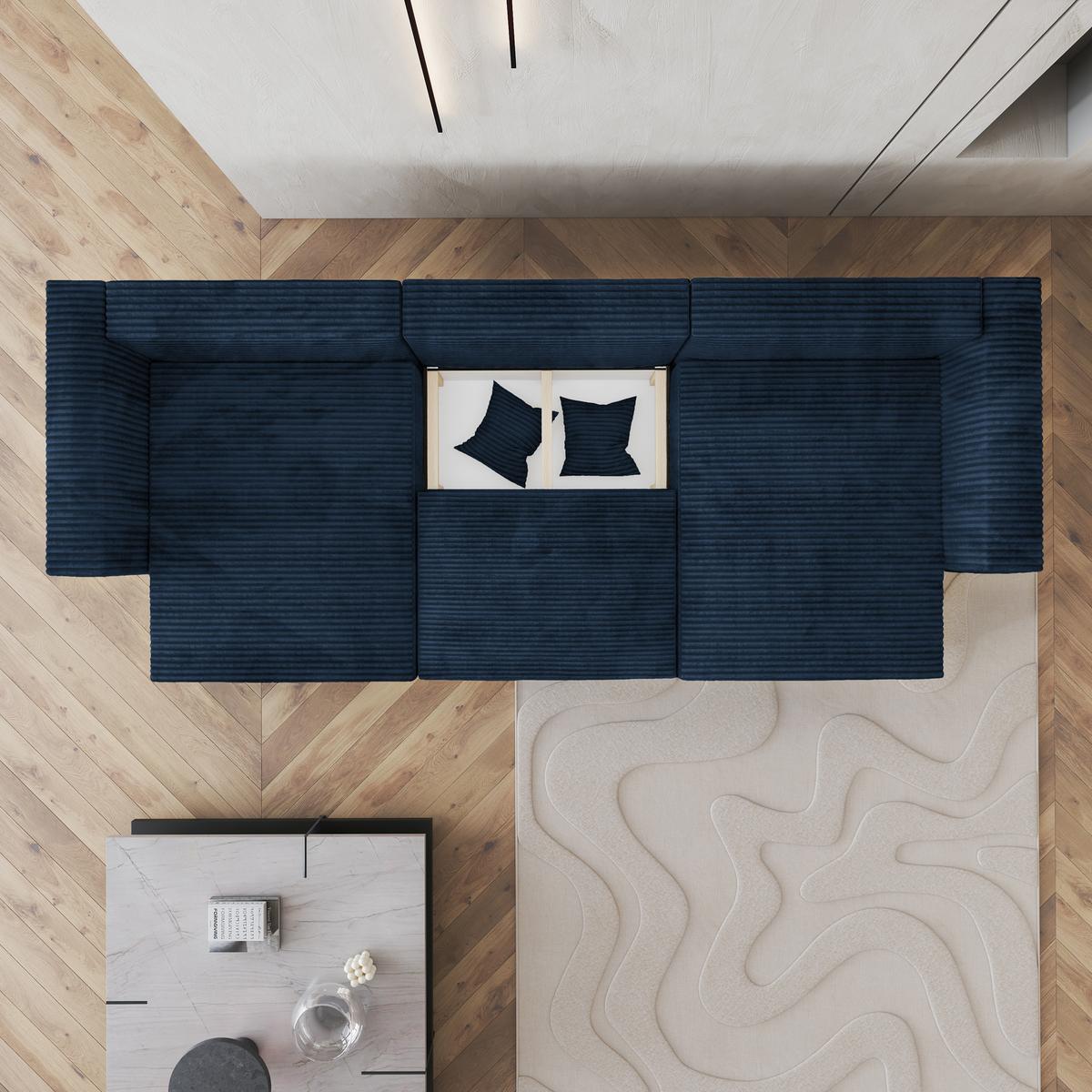 WOHNLANDSCHAFT SARMO Blau Kordstoff mit Schlaffunktion - Blau/Grau, Holz/Kunststoff (347/90/148cm) - MASSENO