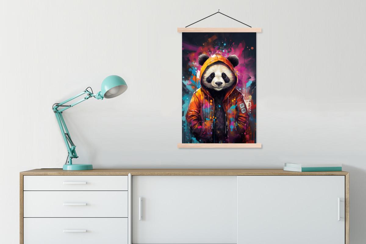 POSTER MIT MAGNETLEISTEN Panda - Jacke - Graffiti - Orange Wandbild Schlafzimmer 60x90 cm - Orange, Textil (60/90/0.15cm) - MuchoWow
