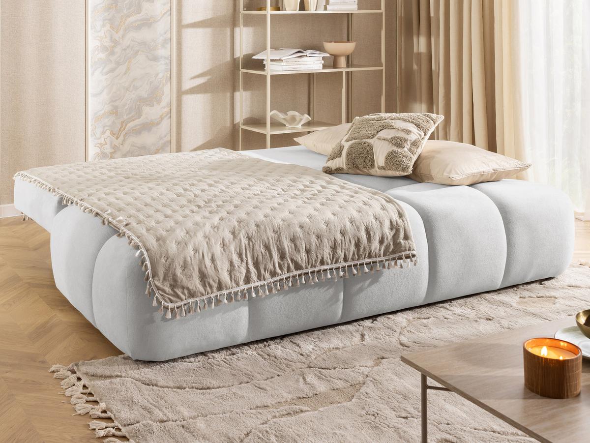 SCHLAFSOFA Belluno aus hochwertigem Hellgrau Plüschstoff mit Bettkasten und tiefen Steppungen in Bubble-Optik - Hellgrau/Schwarz, Holz/Kunststoff (205/87/105cm) - S-Style