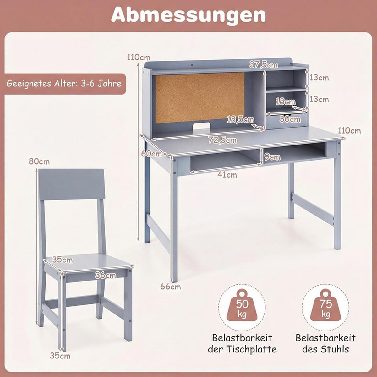 KINDERSCHREIBTISCH-SET aus Holz grau(2-tlg) - Grau, Holzwerkstoff (110/110/60cm) - COSTWAY