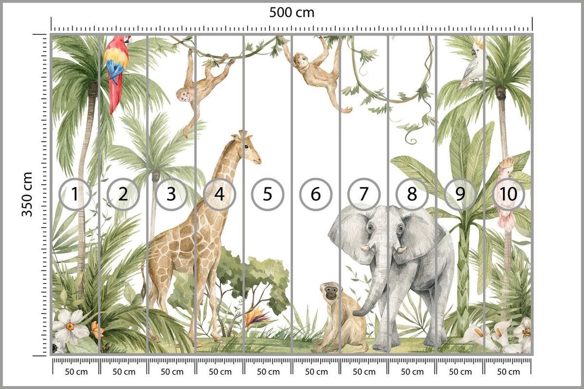 FOTOTAPETE für Kinderzimmer Dschungel Tiere Giraffe Elefant Palmen 500x350 - Beige/Rot, Papier (500/350cm) - Muralo