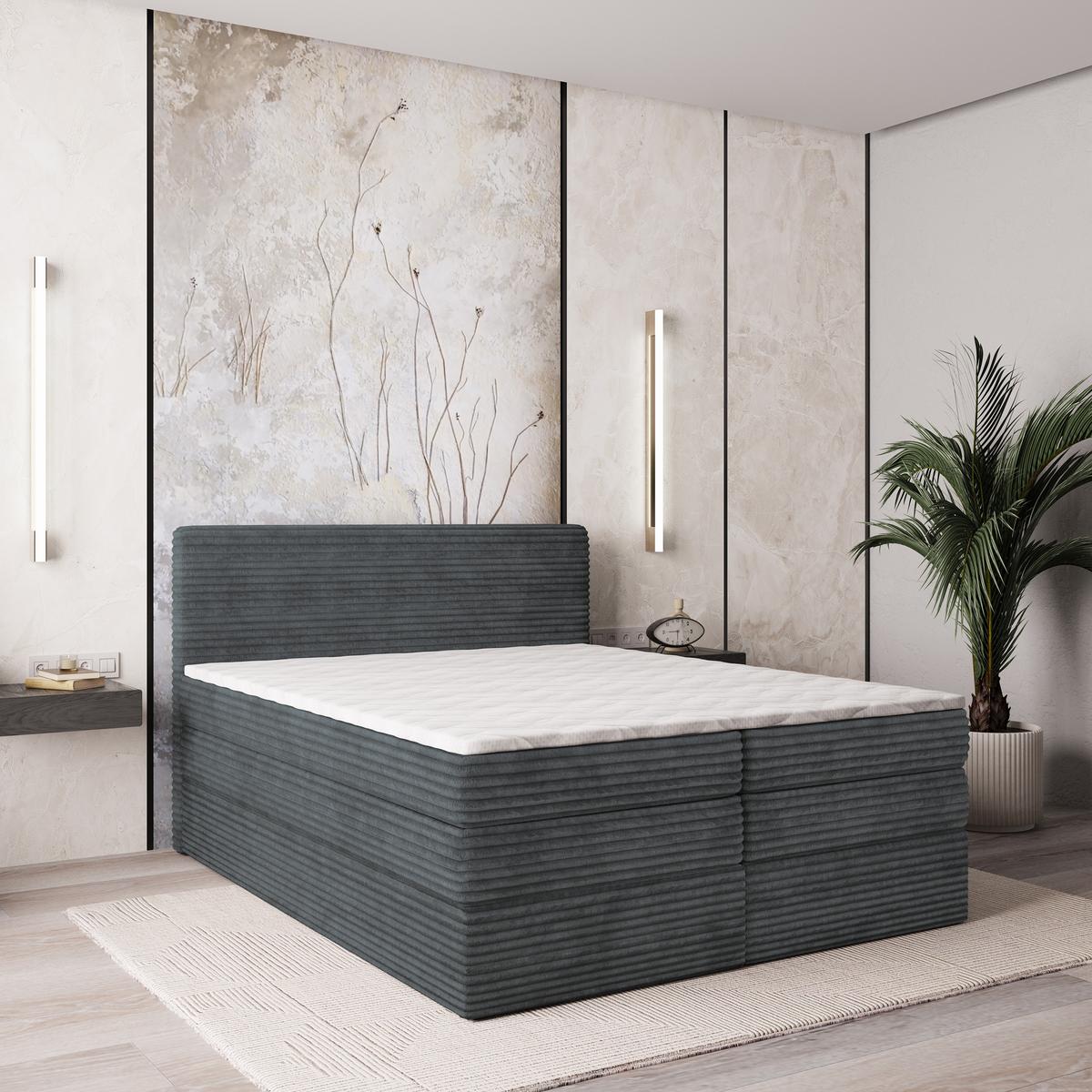 BOXSPRINGBETT LUNERA 140x200 cm mit Matratze und Topper - Graphitfarben - Graphitfarben, Holz (140/200cm) - MASSENO