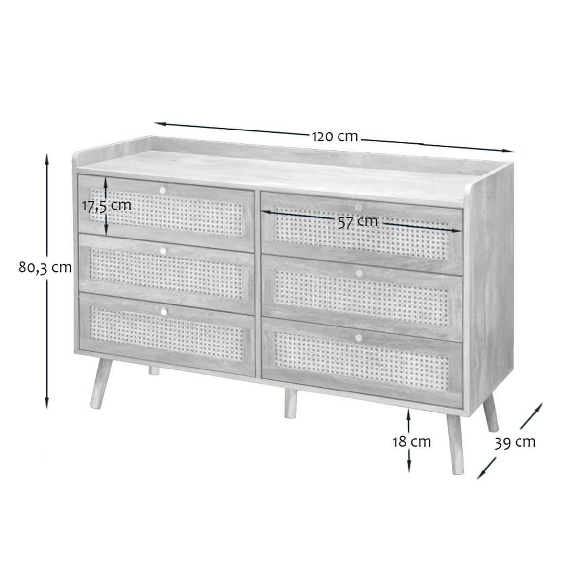 KOMMODE mit 6 schubladen mit fronten aus natürlichem rattan - PALMO 120/39/79 cm - Eschefarben, Holzwerkstoff (120/79/47cm) - Calicosy