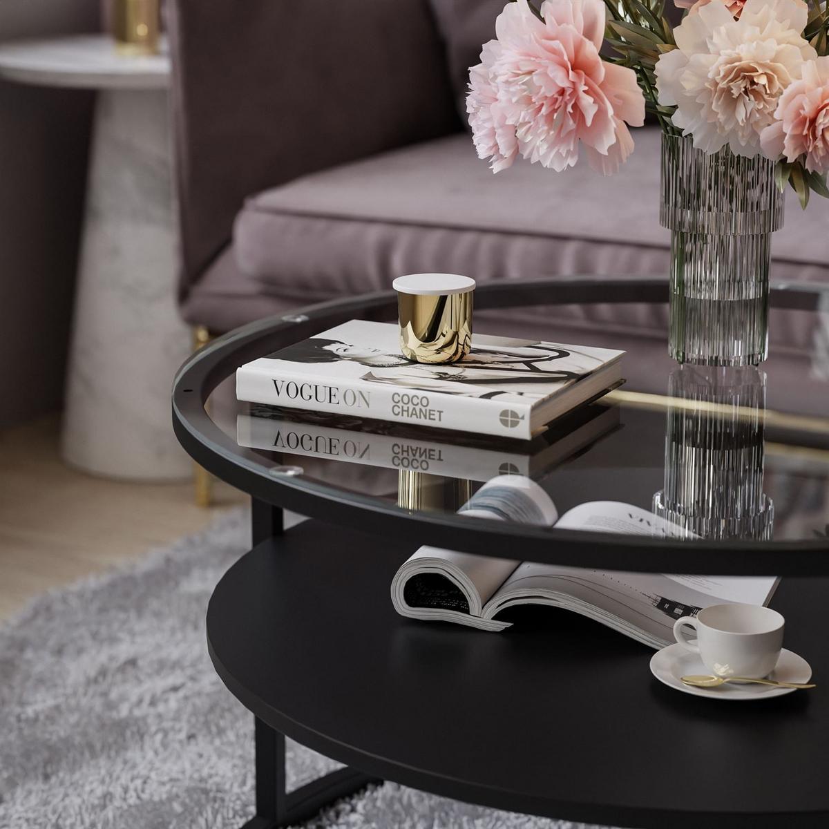 COUCHTISCH CIRI GLASS mit Regal - Hellgrau/Schwarz, Glas (70/70/47.4cm) - Lookway