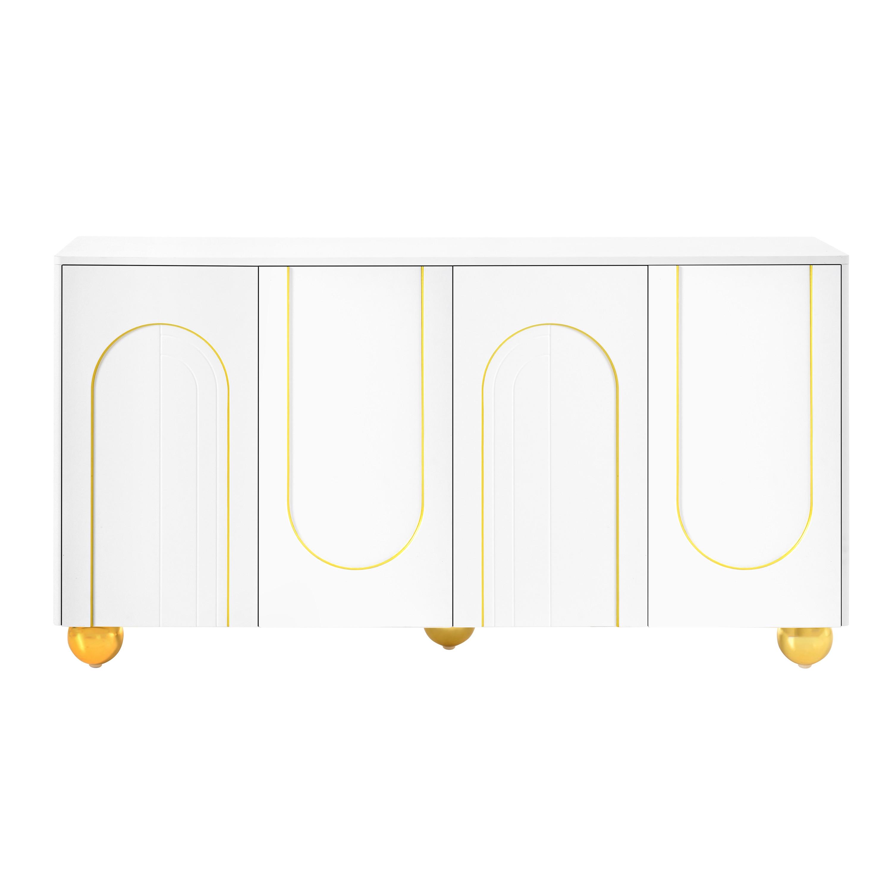 SIDEBOARD Weiß 140cm mit 4 Türen Gold-Bogen-Dekor & Kugelfüßen - Weiß, Holzwerkstoff (140/74/40cm) - Urban Meuble