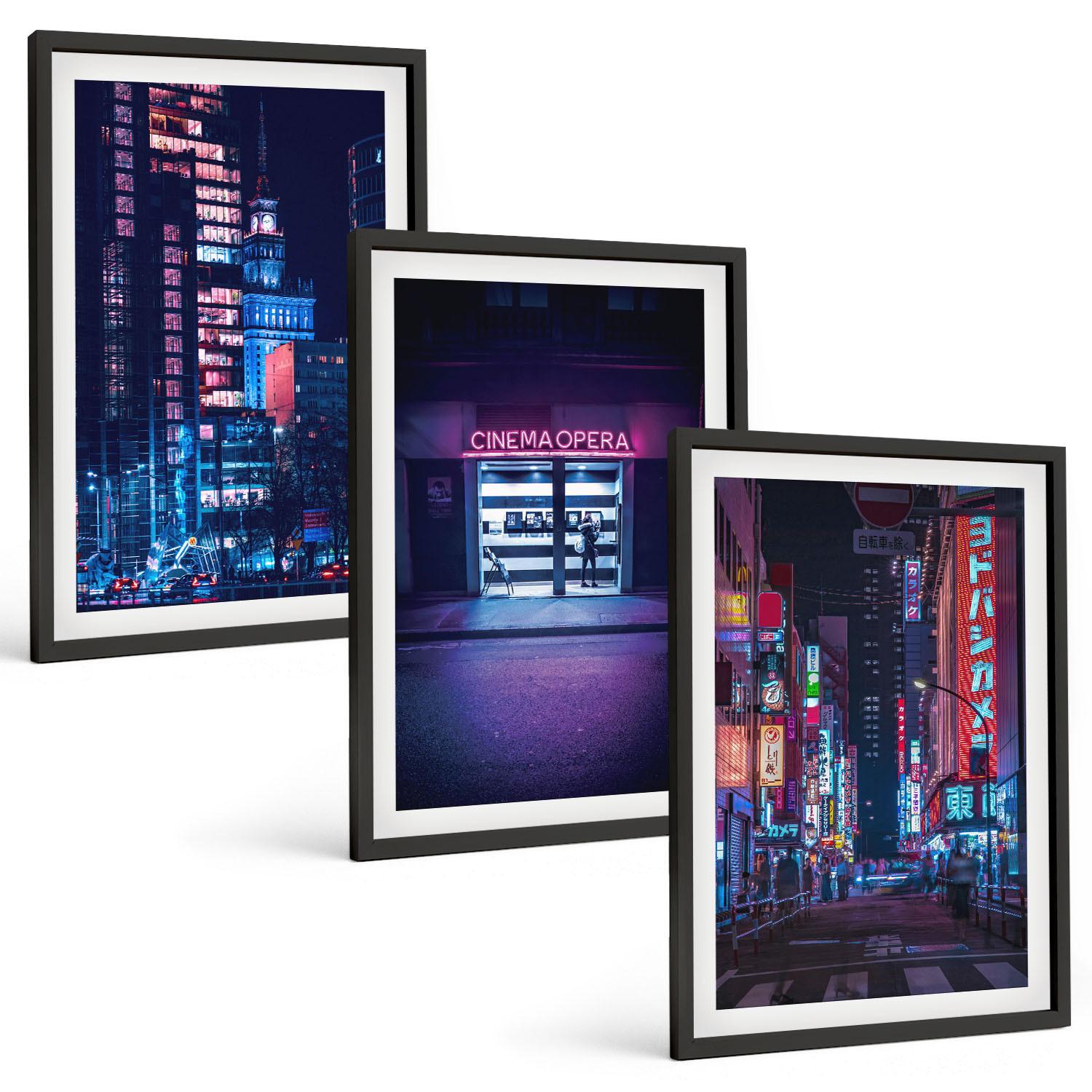 BILDER SET 3er Set - 40x60 cm Schwarzer Rahmen - Neon-Eingang zur nächtlichen Stadt - Schwarz, Kunststoff (40/60cm) - TULUP