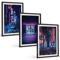 BILDER SET 3er Set - 40x60 cm Schwarzer Rahmen - Neon-Eingang zur nächtlichen Stadt - Schwarz, Kunststoff (40/60cm) - TULUP