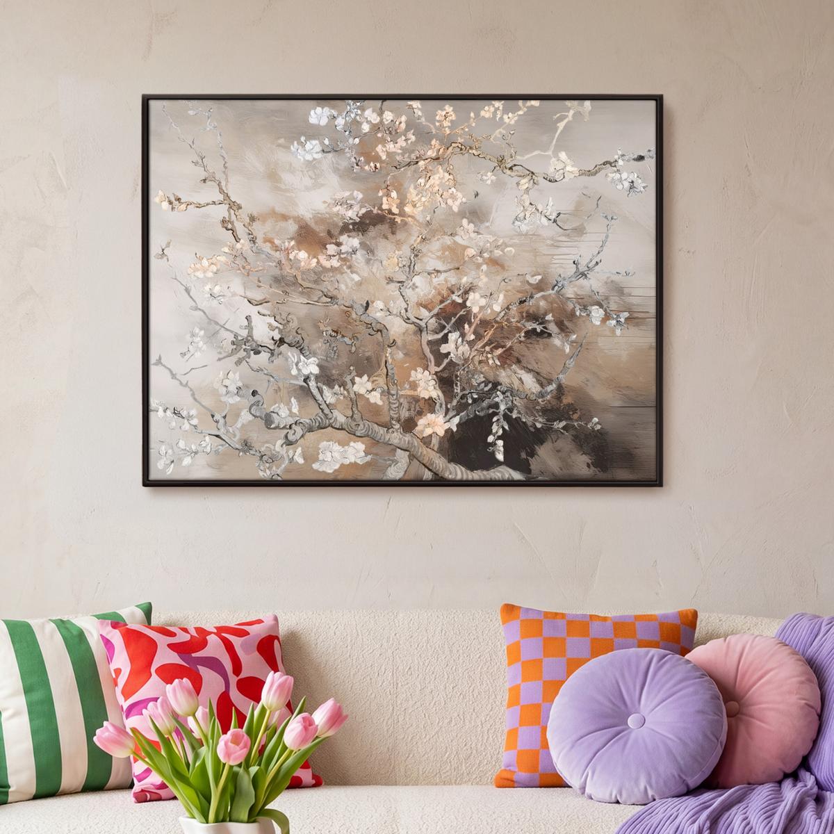 LEINWAND Bilder mit Rahmen - Mandelblüte - Kunst - Van Gogh - Beige - Abstrakt - 100x70 - Braun, Textil (100/70cm) - MuchoWow