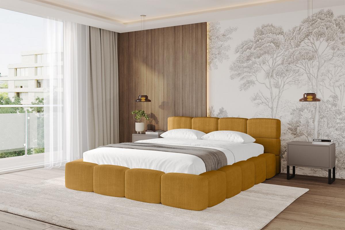 POLSTERBETT mit Bettkasten und Lattenrost, Bett mit Kopfteil, Boxbett ohne Matratze, Doppelbett mit Stauraum - NATA-v1 200x200 Senfgelb - Kupferfarben, Holzwerkstoff/Textil (200/200cm) - ALTDECOR