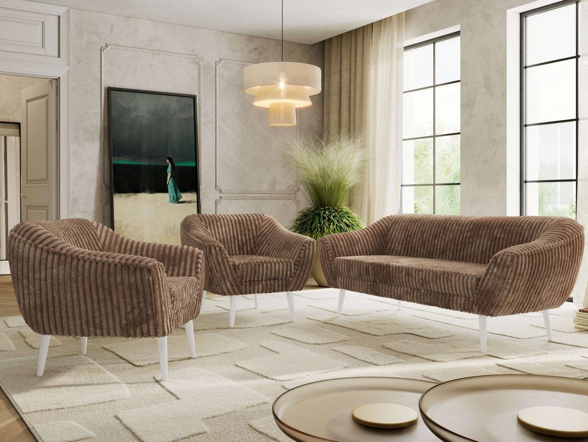 SITZGARNITUR PIRS 3+1+1 - Braun Cord - Weiße Beine - Braun/Weiß, Holzwerkstoff/Textil (180/75/74cm) - MKS