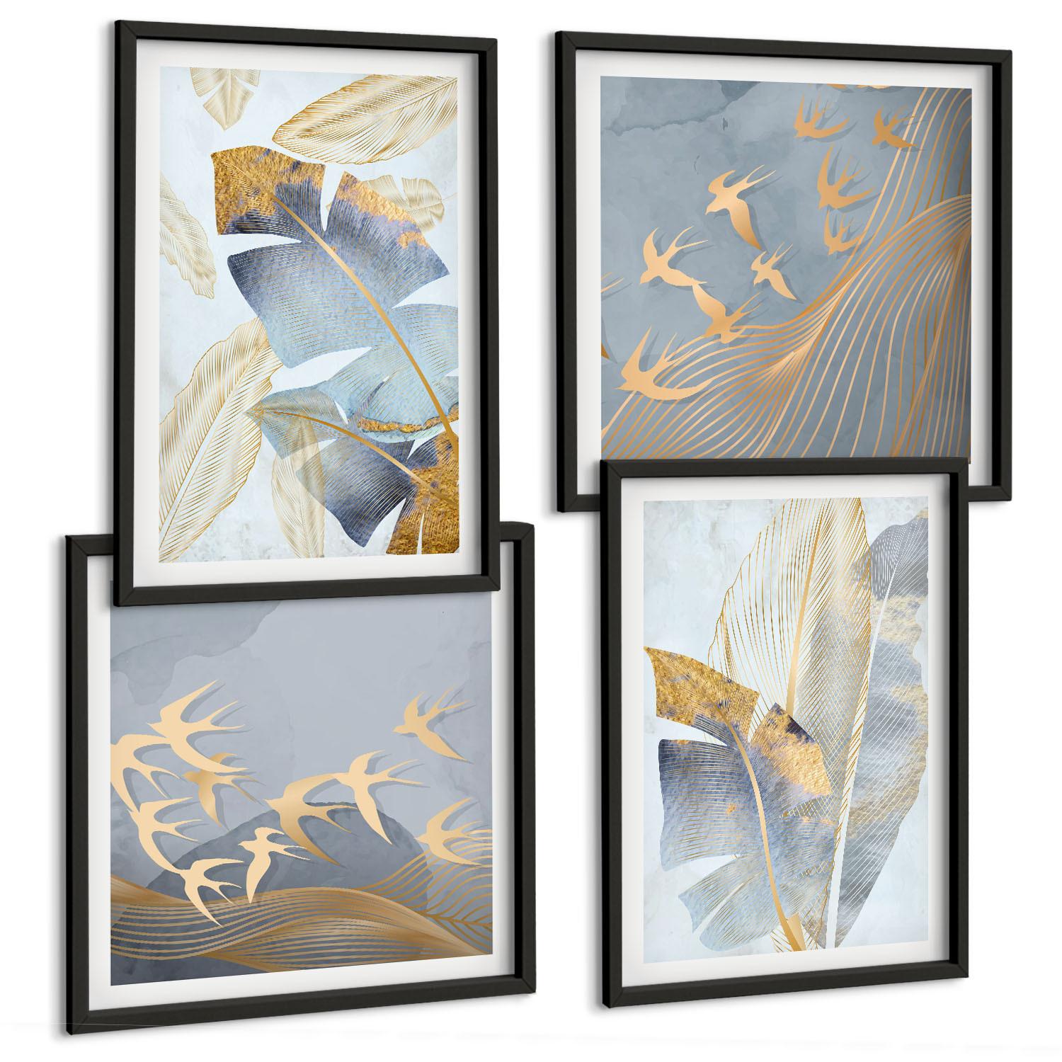 BILDER SET 4er Set - 50x50 cm & 40x60 cm Schwarzer Rahmen - Blaubeige Blätter im Hintergrund - Schwarz, Kunststoff (50/50cm) - TULUP