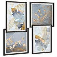 BILDER SET 4er Set - 50x50 cm & 40x60 cm Schwarzer Rahmen - Blaubeige Blätter im Hintergrund - Schwarz, Kunststoff (50/50cm) - TULUP