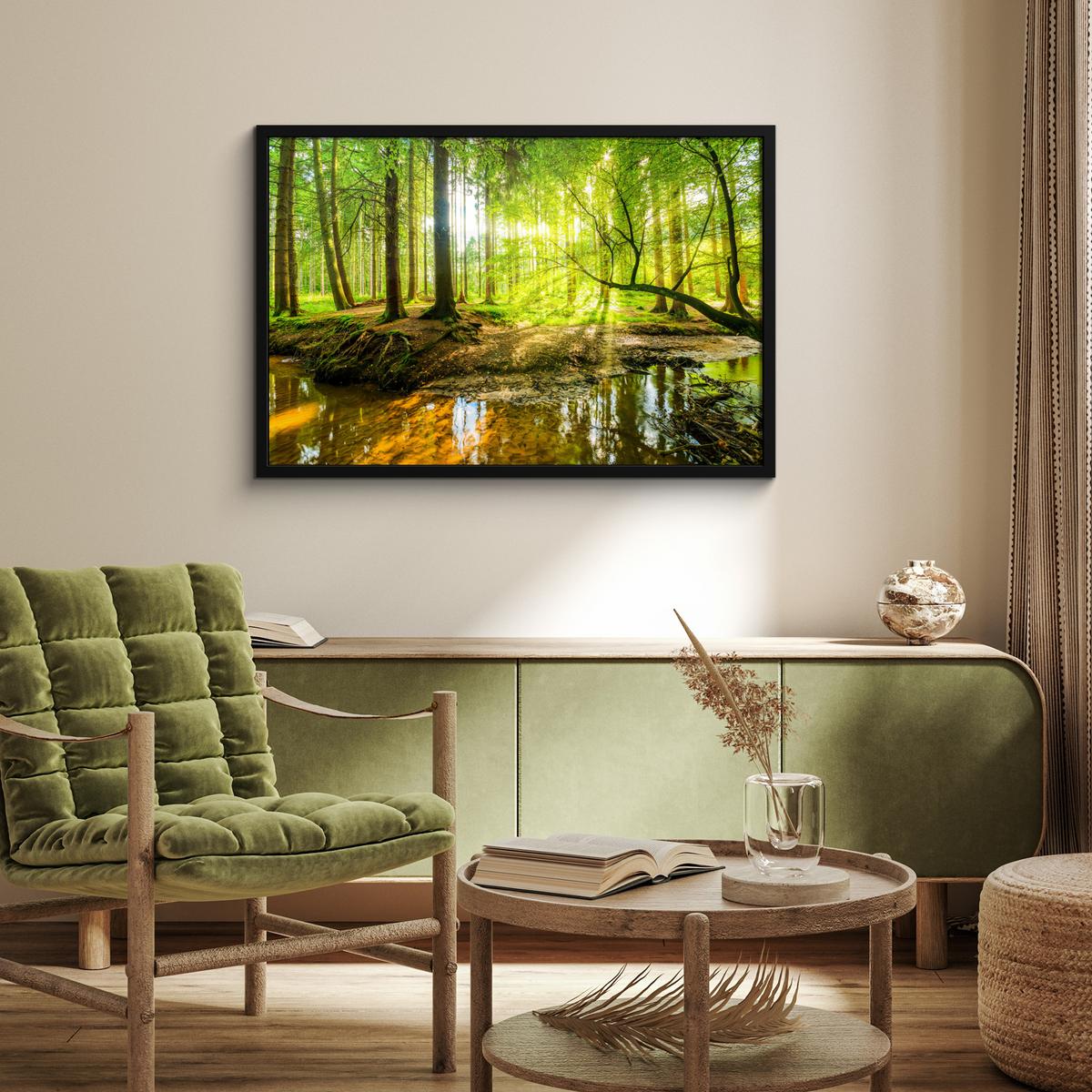 POSTER MIT RAHMENGERAHMTES BILD Wald - Landschaft - Wasser - Bäume - Sonne - Grün - Natur 90x60 cm - Grün, Papier (90/60cm) - MuchoWow