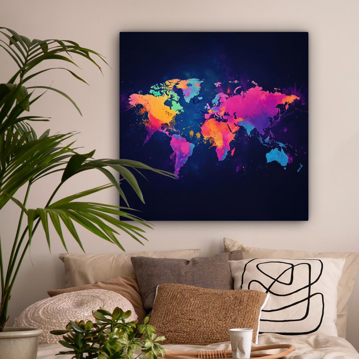 LEINWANDBILD Weltkarte - Bunt - Graffiti Deko Groß 90x90 cm - Multicolor, Textil (90/90cm) - MuchoWow