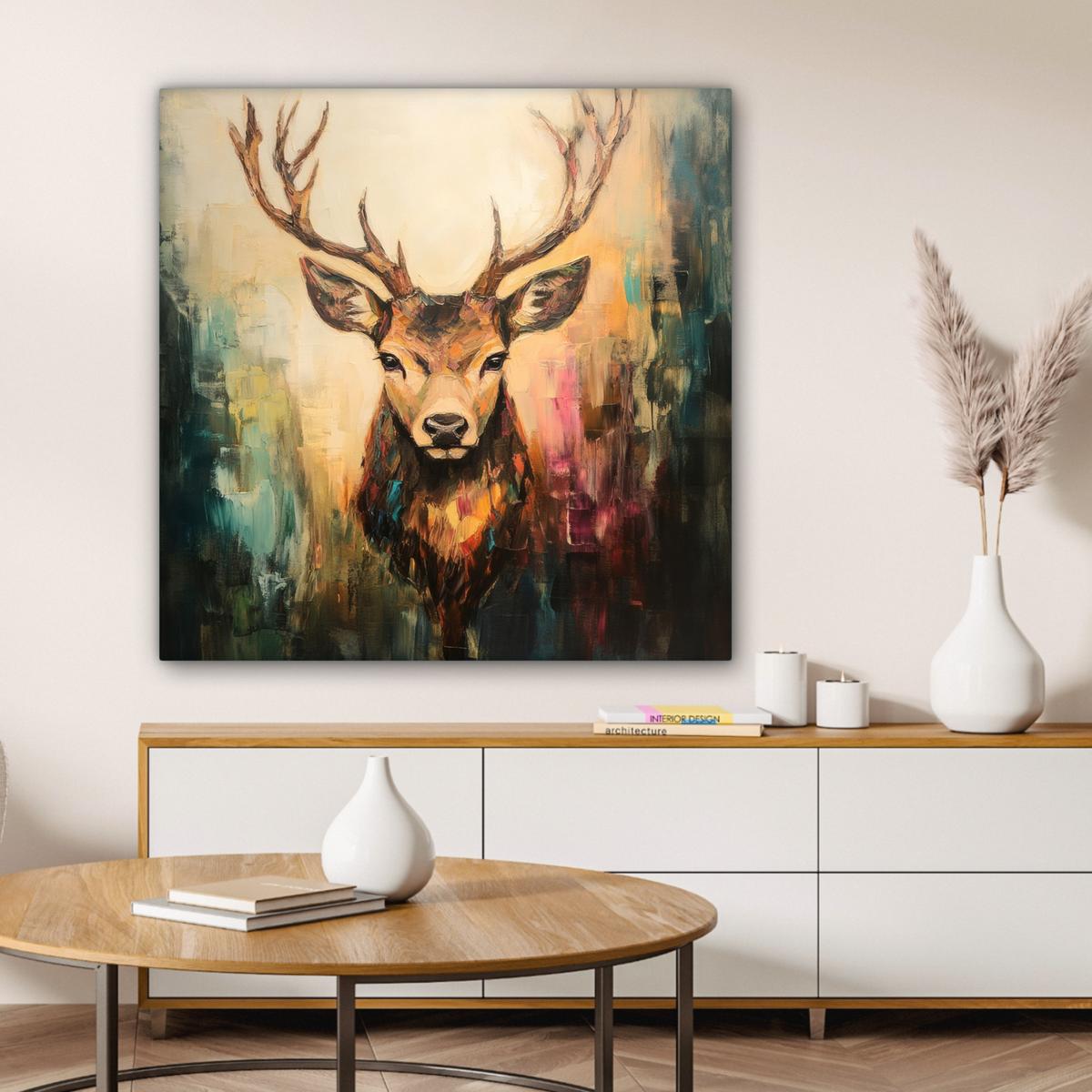 LEINWANDBILD Hirsch - Gemalt - Geweih - Braun Deko Groß 90x90 cm - Haselnussfarben, Textil (90/90cm) - MuchoWow