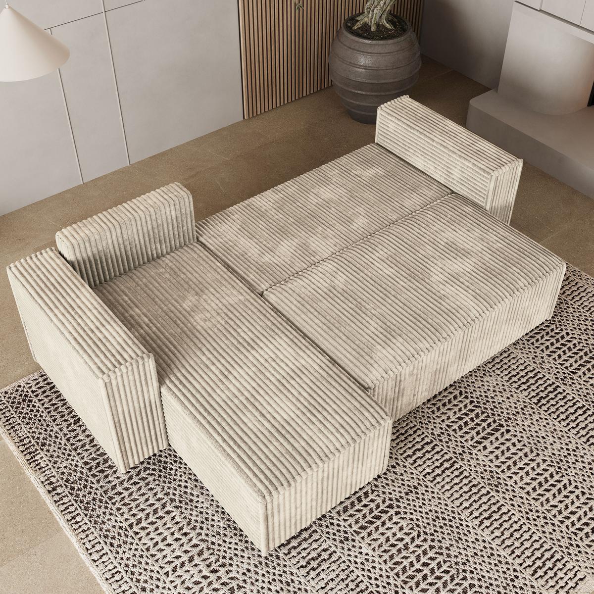 ECKSOFA RAVELO T Creme Kordstoff mit Schlaffunktion - Creme/Grau, Holz/Kunststoff (240/140cm) - MASSENO